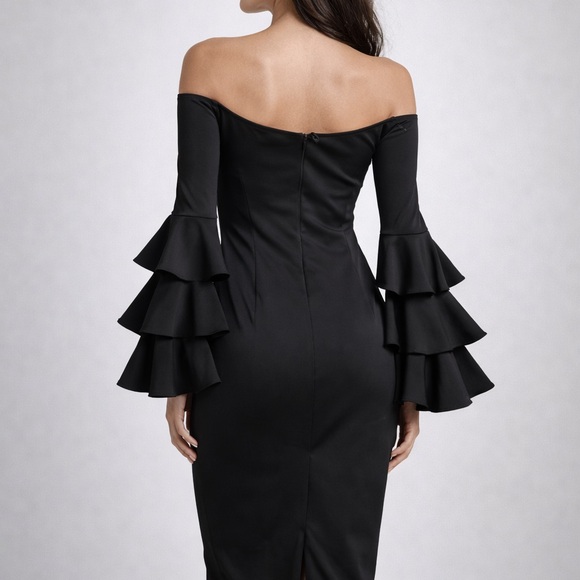 Symphony Black Off-Shoulder Midi Dress with Tiered Ruffle Sleeves - Picture 2 of 7